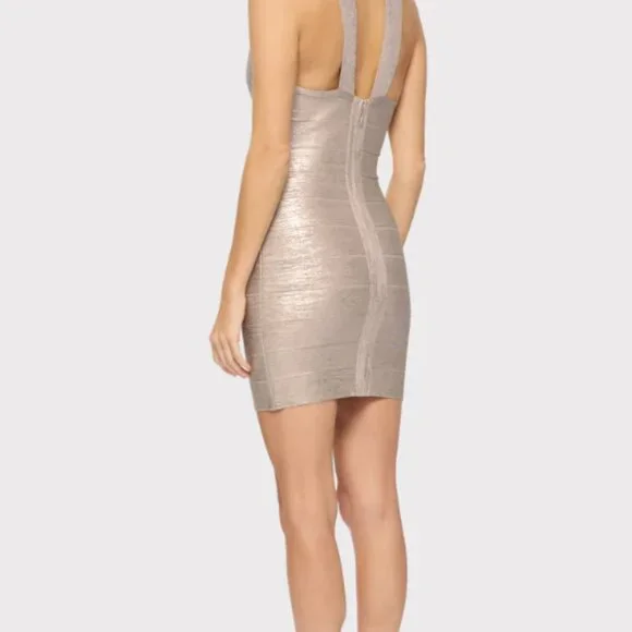 HERVÉ LÉGER Glitter Foil Halter Mini Dress – S – Rose Gold Foil